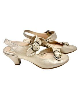 BeautiFeel Heeled Sandals Womens Size 8 Gold Leather With Decorative Buckles
